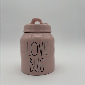 Pre Owned RaeDunn Pink With Green Text Valentine Theme Love Bug Canister And Lid